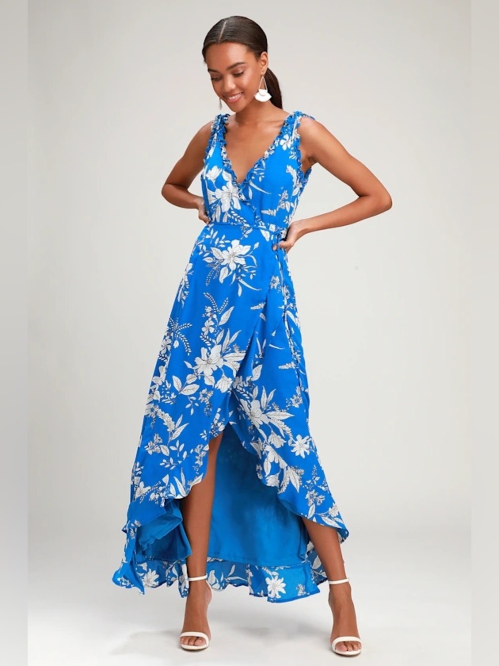 M1 Lulu's Sun Salutation Ruffled Wrap Dress Royal Blue Floral High-Low‎ Lined XS
